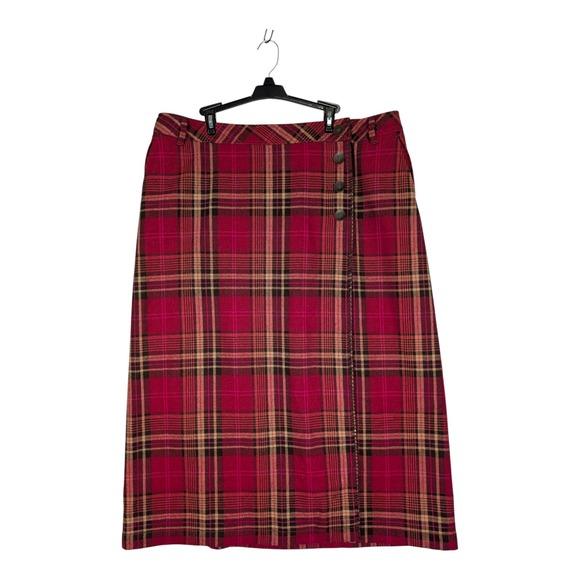 Eddie Bauer Wool Plaid Wrap Skirt Button Accent Tall Size 20 Red Tan Pink Lined - Picture 1 of 11